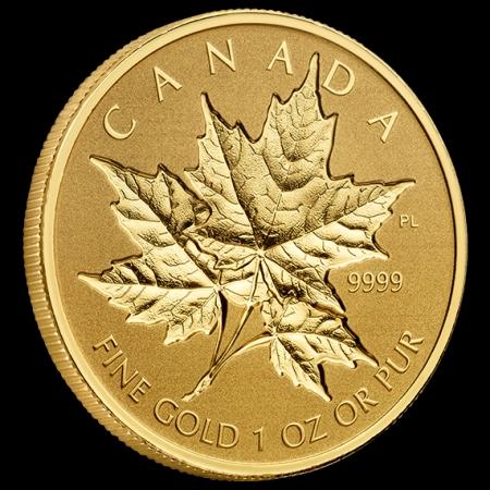 reverse side of the reverse proof 1 oz Gold Maple Leaf in the fractional set that was issued in 2014