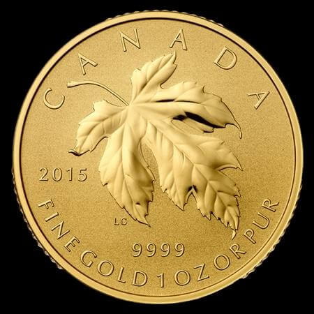 reverse side of the reverse proof 1 oz Gold Maple Leaf in the fractional set that was issued in 2015