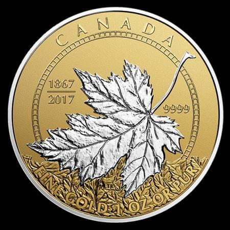 reverse side of the reverse proof 1 oz Gold Maple Leaf in the fractional set that was issued in 2017