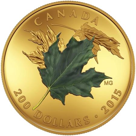 reverse side of the second coloured 1 oz proof coin included in the Alluring Maple Leaves of Fall set that was issued in 2015