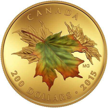 reverse side of the third coloured 1 oz proof coin included in the Alluring Maple Leaves of Fall set that was issued in 2015