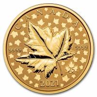 reverse side of the reverse proof 1 oz Maple Leaf Celebration Piedfort gold coin issue 2021