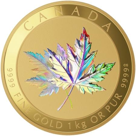 reverse side of the 1 kg CAD$ 2500 Maple Leaf Forever Hologram gold coin that was issued in 2015