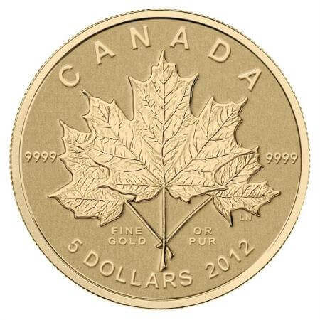 reverse side of the 1/10 oz CAD$ 5 Maple Leaf Forever gold coin that was issued in 2012