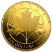reverse side of the 2012 issue of the 5 oz Maple Leaf Forever gold coins