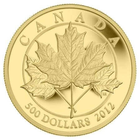 reverse side of the 5 oz CAD$ 500 Maple Leaf Forever gold coin that was issued in 2012