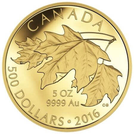 reverse side of the 5 oz CAD$ 500 Maple Leaf Forever gold coin that was issued in 2016