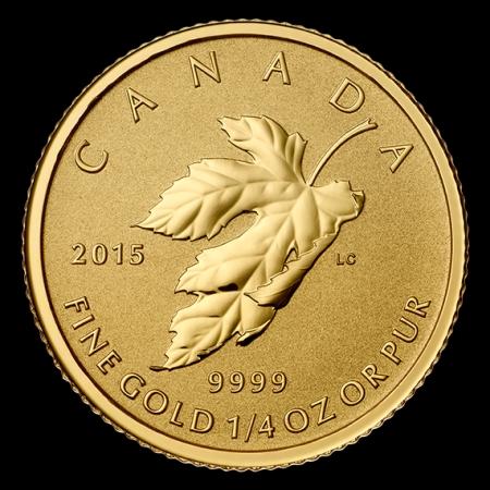 reverse side of the reverse proof 1/4 oz Gold Maple Leaf in the fractional set that was issued in 2015