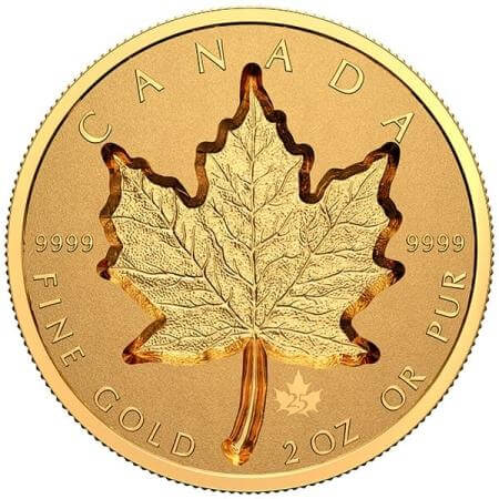 reverse side of the 2021 modified reverse proof issue of the super incuse 2 oz Gold Maple Leaf coins