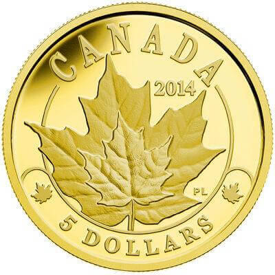 reverse side of the 1/10 oz proof Majestic Maple Leaves gold coin that was issued in 2014