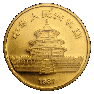 obverse side of the 1987-S issue of the brilliant uncirculated 1 oz Chinese Gold Panda coins, minted and mintmarked S by the Shanhai Mint