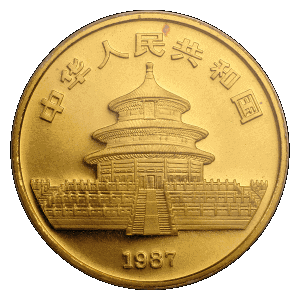 obverse side of the 1987-S issue of the brilliant uncirculated 1 oz Chinese Gold Pandas, minted and mintmarked S by the Shanhai Mint obverse side of the 1987-S issue of the brilliant uncirculated 1 oz Chinese Gold Panda coins, minted and mintmarked S by the Shanhai Mint