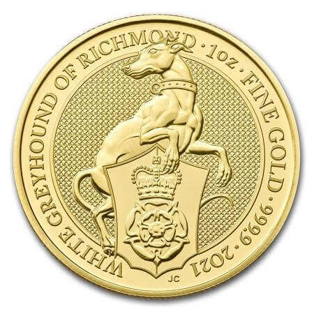 reverse side of the White Greyhound of Richmond issue of the brilliant uncirculated 1 oz gold coins of the Queen's Beasts series