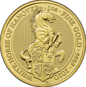 reverse side of the White Horse of Hanover issue of brilliant uncirculated 1 oz gold coins of the Queen's Beasts series