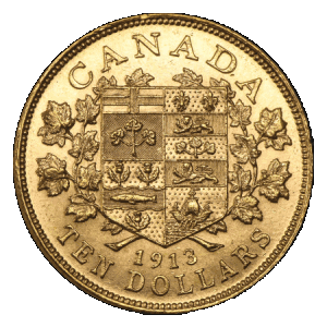 reverse side of the $10 Canadian George V gold coin minted in 1913