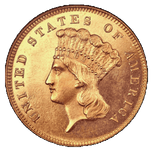 obverse side of the Three-Dollar Gold Pieces minted in San Francisco in 1855