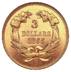 reverse side of the 3 Dollar Indian gold coins minted in San Francisco in 1855
