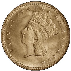 obverse side of the large head Type 3 1880 Indian Princess Gold Dollars