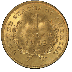 reverse side of the open wreath 1849 Liberty Head Gold Dollars