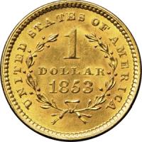 reverse side of the closed wreath 1853 Liberty Gold Dollars