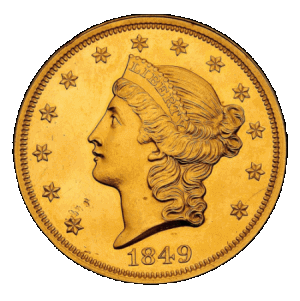 obverse side of the 1849 $20 Liberty Gold Double Eagle at the Smithsonian obverse side of the 1849 $20 Liberty Double Eagle proof coin at the Smithsonian