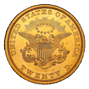 reverse side of the 1849 $20 Liberty Gold Double Eagle at the Smithsonian