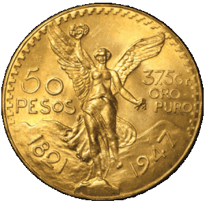 obverse side of the 1947 Mexican Centenario gold coins