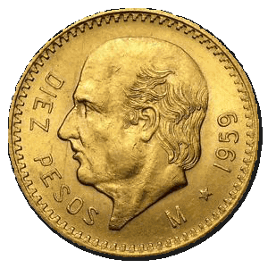 obverse side of the 1959 10 Mexican Gold Pesos