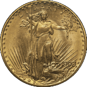 obverse side of the 1908 $20 Saint-Gaudens Double Eagle coins without motto