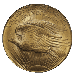 reverse side of the 1908 $20 Saint-Gaudens Gold Double Eagles without motto