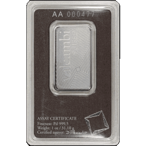 backside view of the minted 1 oz Valcambi palladium bars