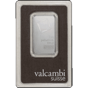frontal view of the minted 1 oz Valcambi Suisse palladium bars