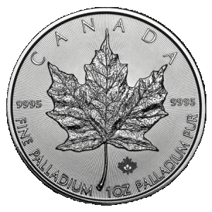 reverse side of the 2015 issue of the brilliant uncirculated 1 oz Palladium Maple Leaf coins