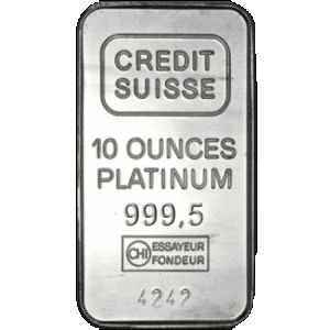 frontal view of the 10 oz Credit Suisse platinum bullion bars