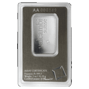 backside view of the minted 1 oz Valcambi platinum bars