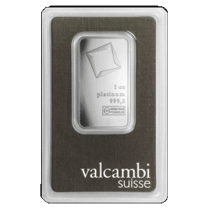 frontal view of the minted 1 oz Valcambi Suisse platinum bars