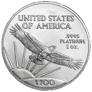 reverse side of the 2014 issue of the brilliant uncirculated 1 oz American Platinum Eagle coins
