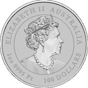 obverse side of the latest issue of the brilliant uncirculated 1 oz coin of the Perth Mint Platinum Lunar series obverse side of the latest issue of the brilliant uncirculated 1 oz Australian Platinum Lunar coins
