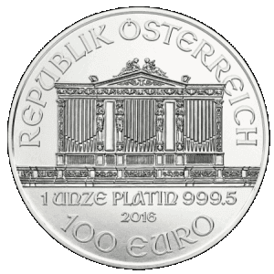 reverse side of the 2016 issue of the brilliant uncirculated 1 oz Austrian Platinum Philharmonic coins