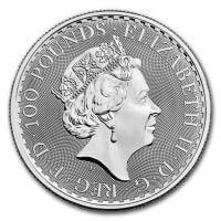 obverse side of the 2018 issue of the brilliant uncirculated 1 oz British Platinum Britannia coins