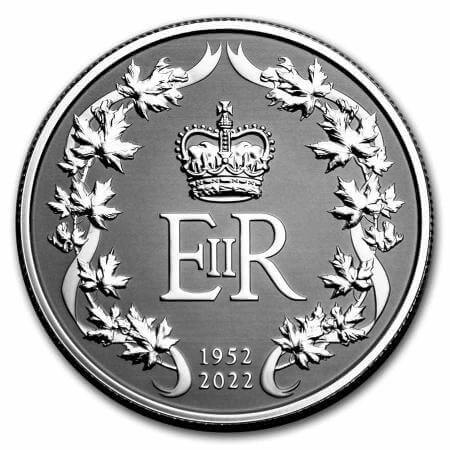 reverse side of the collectible 1 oz Platinum Maple Leaf coins that were issued in 2022 for the Platinum Jubilee of Queen Elizabeth II