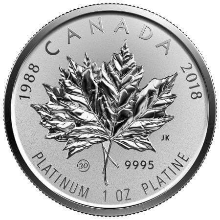 reverse side of the reverse proof 1 oz coin in the fractional 4-coin Platinum Maple Leaf Set 2018