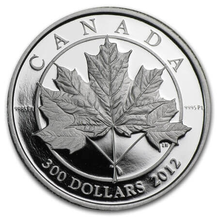 reverse side of the proof 2012 Canadian Platinum Maple Leaf coins
