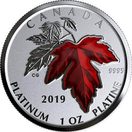 reverse side of the reverse-proof 2019 Canadian Platinum Maple Leaf