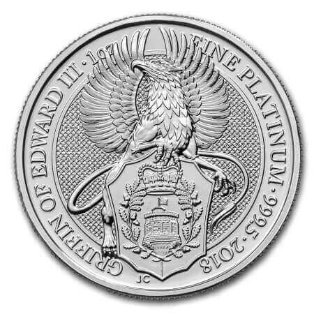 reverse side of the Griffin of Edward III issue of the brilliant uncirculated 1 oz British Queen's Beasts platinum coin