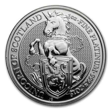 reverse side of the Unicorn of Scotland issue of the brilliant uncirculated 1 oz Platinum Queen's Beasts coins