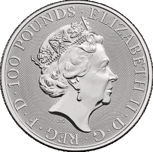 obverse side of the White Lion of Mortimer issue of the brilliant uncirculated 1 oz British Platinum Queen's Beasts