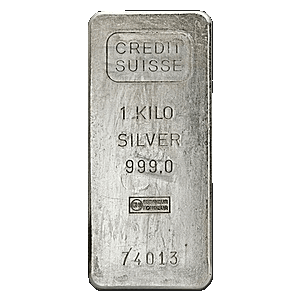 frontal view of minted 1 kg Credit Suisse silver bullion bars