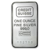 frontal view of 1 oz Credit Suisse silver bars