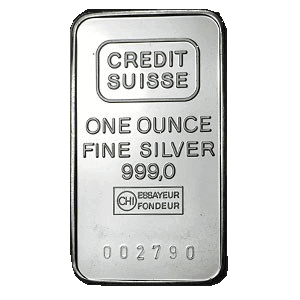 frontal view of minted 1 oz Credit Suisse silver bars